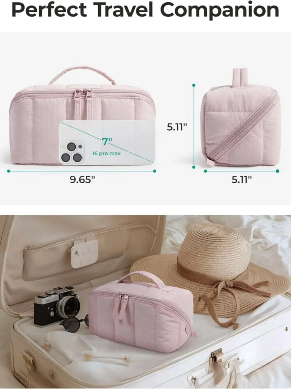 Portable Water-Resistant Makeup Bag, Padded Organizer Pouch, Flat Toiletry Case